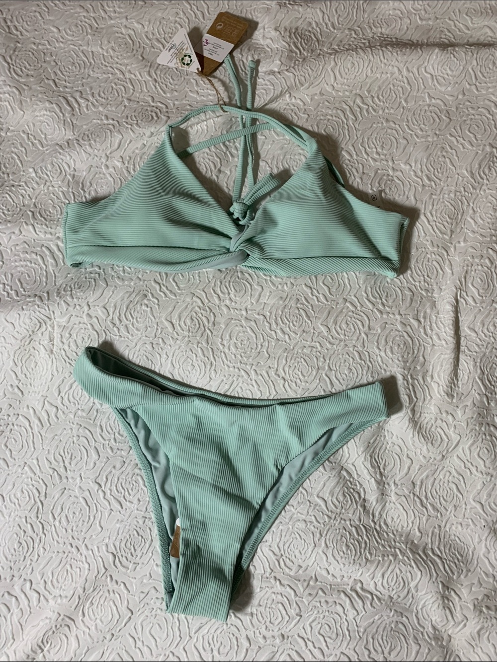 NWT BERLOOK Ribbed Knot-Front Halter Bikini Set, Size M